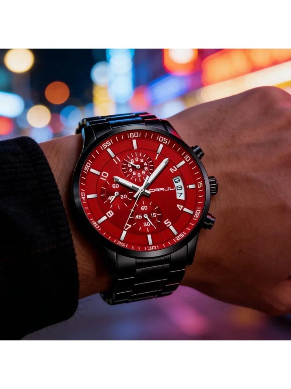 Men's Black Red Analog Quartz Stainless Steel Waterproof Chronograph Wrist Watch